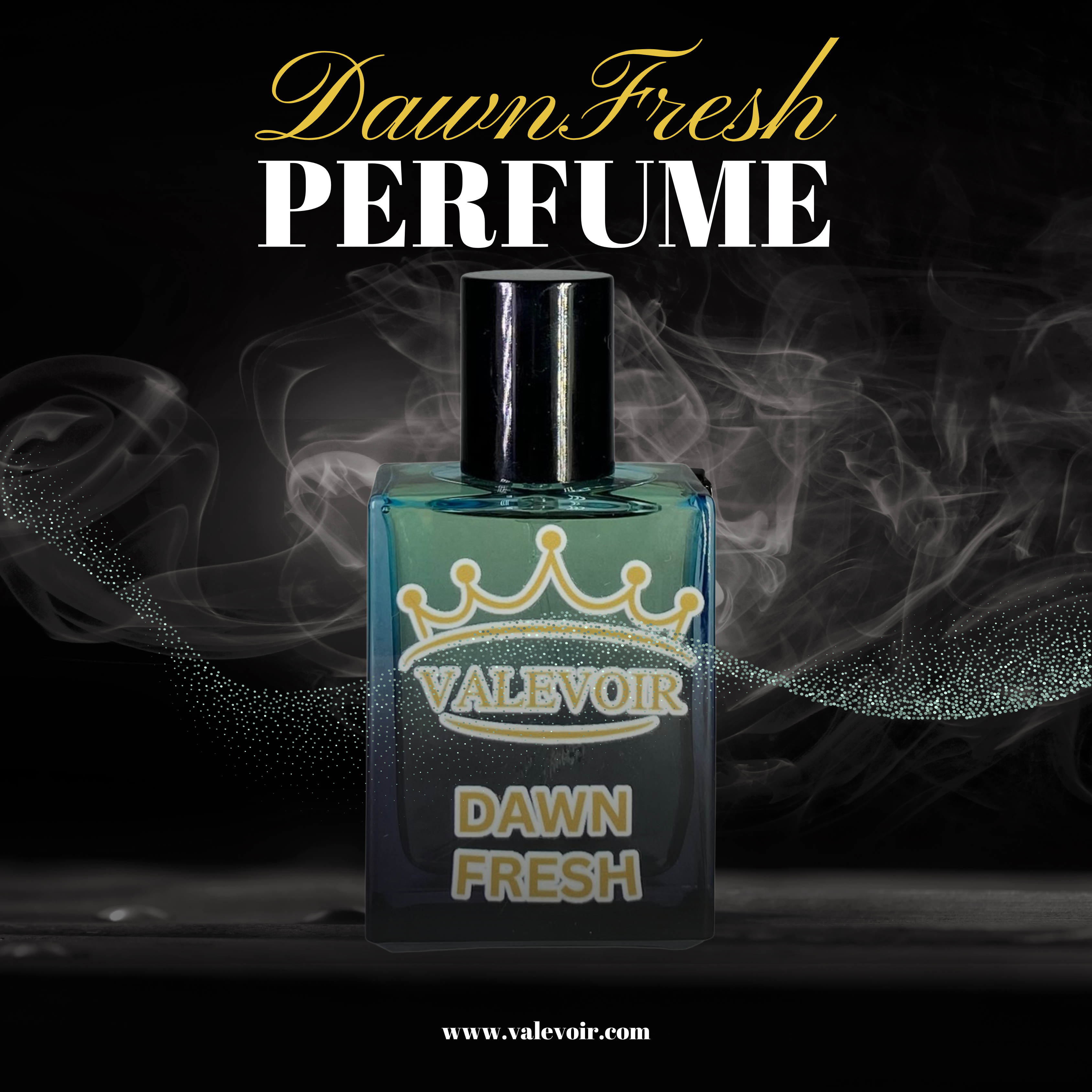 Valevoir Dawn Fresh Perfume Bottle – Luxury Unisex Fragrance with Elegant Crown Logo on Dark Green Glass Bottle