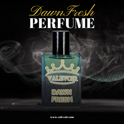 Valevoir Dawn Fresh Perfume Bottle – Luxury Unisex Fragrance with Elegant Crown Logo on Dark Green Glass Bottle