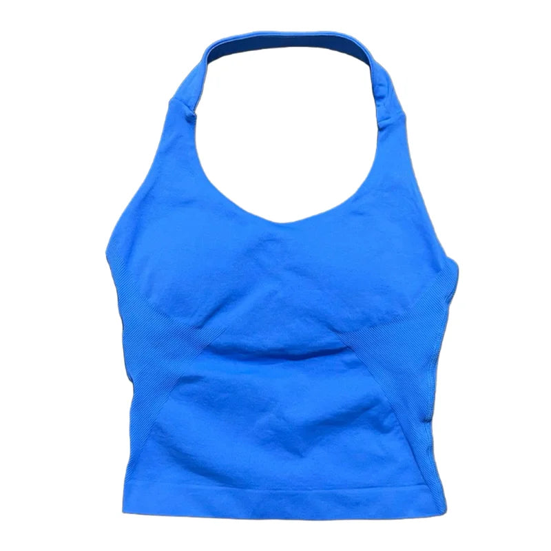 Gym Longline Halter Top Woman Seamless Yoga Tank Removable Chest Pad Push-up Sports Vest Fitness Workout Running Tops