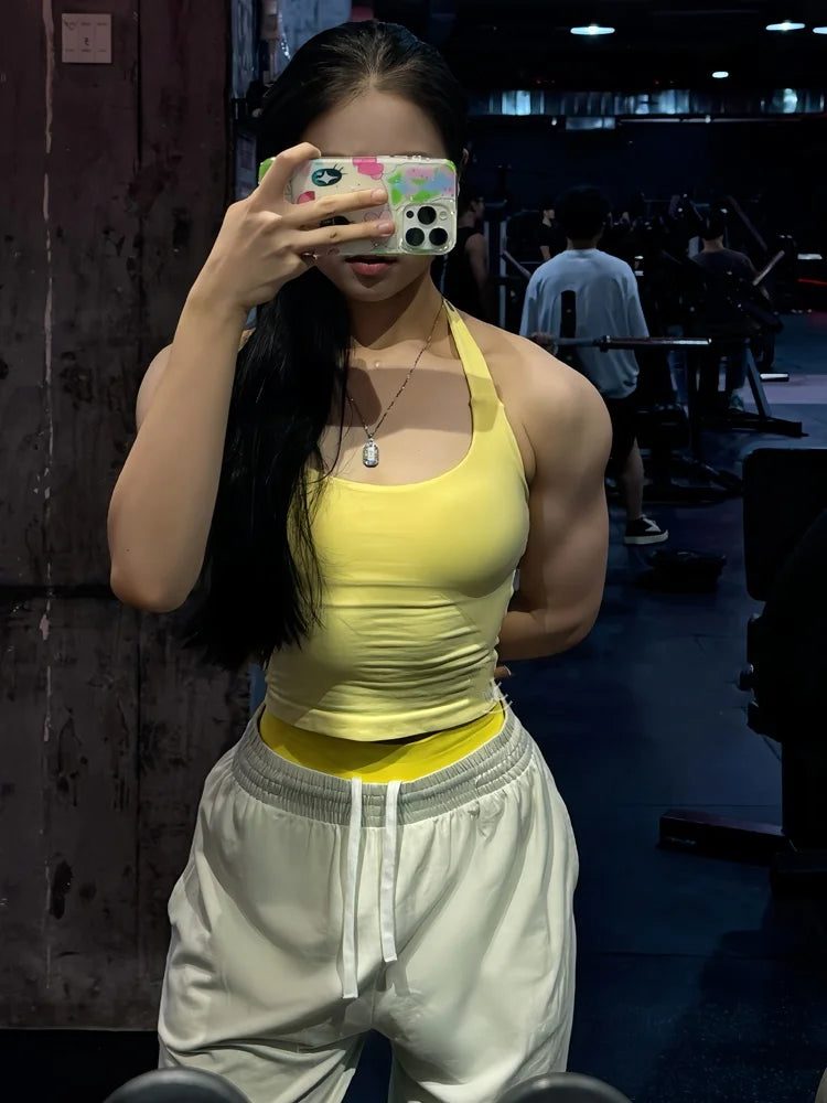 Seamless Halter Top Backless Longline Strappy Padded Sports Top Women Built-in Bra Removable Cups Activewear Yoga Tank Tops