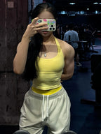 Seamless Halter Top Backless Longline Strappy Padded Sports Top Women Built-in Bra Removable Cups Activewear Yoga Tank Tops