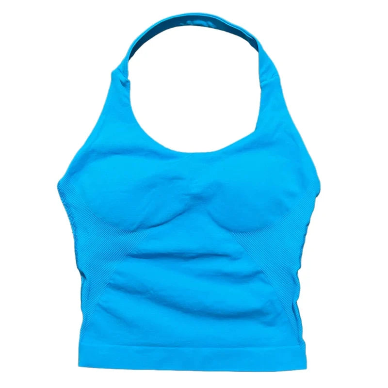 Gym Longline Halter Top Woman Seamless Yoga Tank Removable Chest Pad Push-up Sports Vest Fitness Workout Running Tops