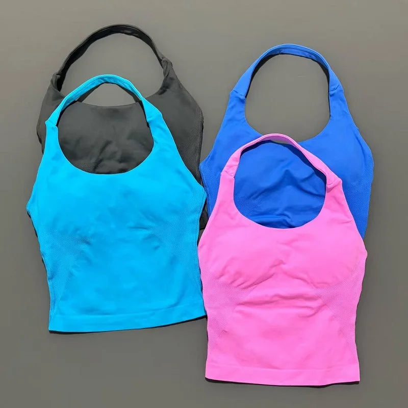 Gym Longline Halter Top Woman Seamless Yoga Tank Removable Chest Pad Push-up Sports Vest Fitness Workout Running Tops
