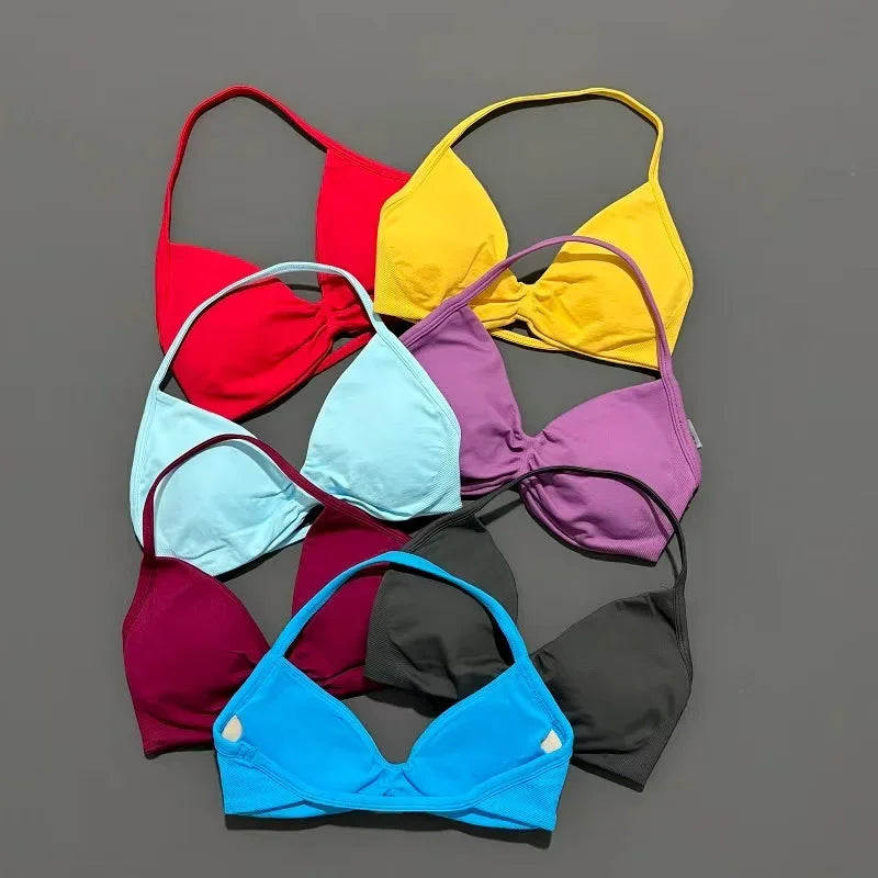 EASYFIT Strappy Bra Gym Top Women High Support Thin Strap Halter Sports Seamless Bras Scrunch Push-up Workout Yoga Tank Tops