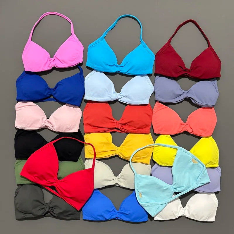 EASYFIT Strappy Bra Gym Top Women High Support Thin Strap Halter Sports Seamless Bras Scrunch Push-up Workout Yoga Tank Tops