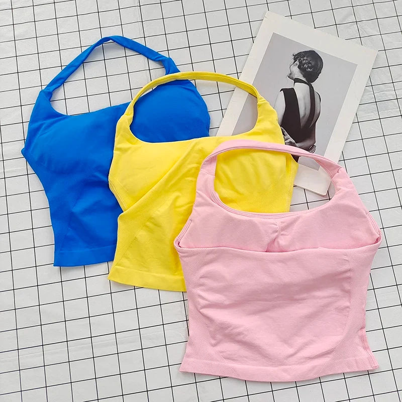 Seamless Halter Top Backless Longline Strappy Padded Sports Top Women Built-in Bra Removable Cups Activewear Yoga Tank Tops