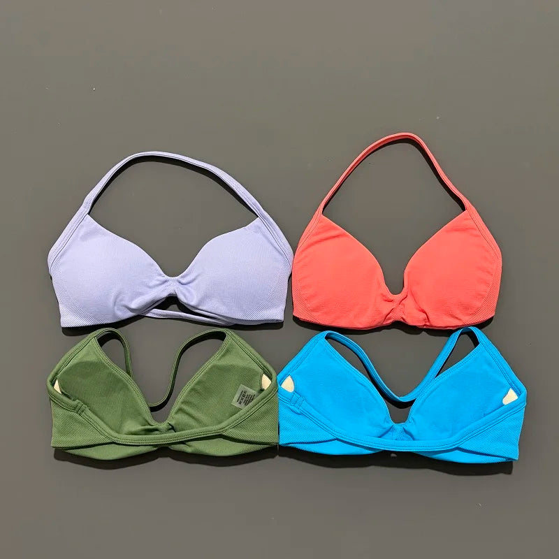 EASYFIT Strappy Bra Gym Top Women High Support Thin Strap Halter Sports Seamless Bras Scrunch Push-up Workout Yoga Tank Tops