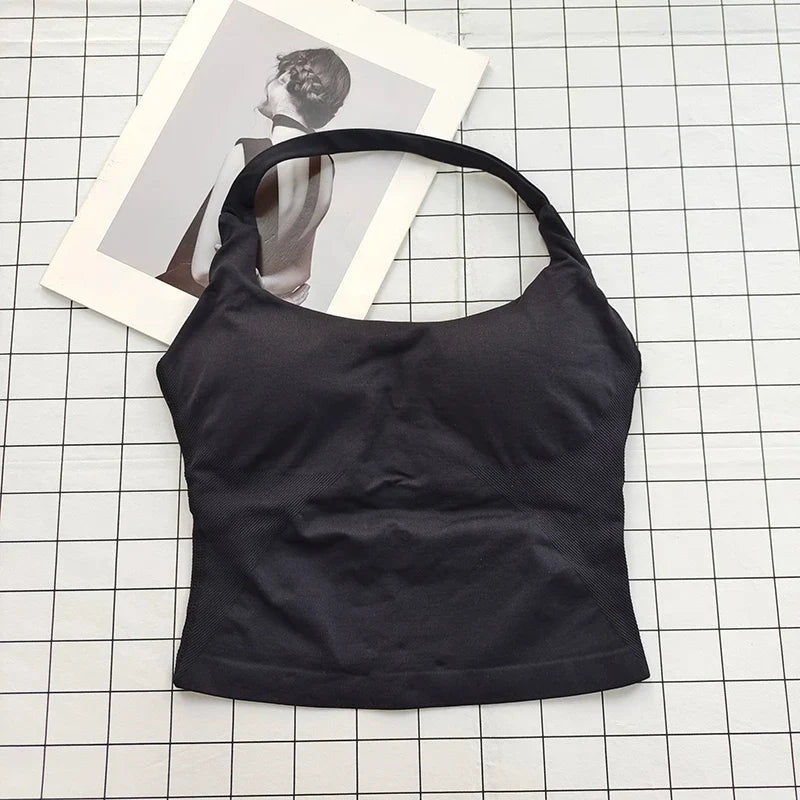 Seamless Halter Top Backless Longline Strappy Padded Sports Top Women Built-in Bra Removable Cups Activewear Yoga Tank Tops