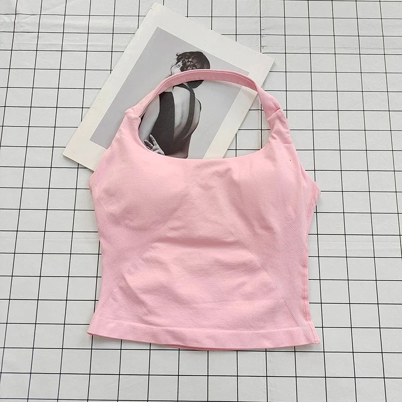 Seamless Halter Top Backless Longline Strappy Padded Sports Top Women Built-in Bra Removable Cups Activewear Yoga Tank Tops