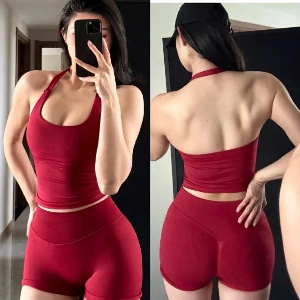 Seamless Halter Top Backless Longline Strappy Padded Sports Top Women Built-in Bra Removable Cups Activewear Yoga Tank Tops