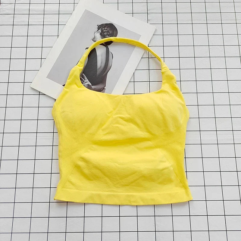 Seamless Halter Top Backless Longline Strappy Padded Sports Top Women Built-in Bra Removable Cups Activewear Yoga Tank Tops