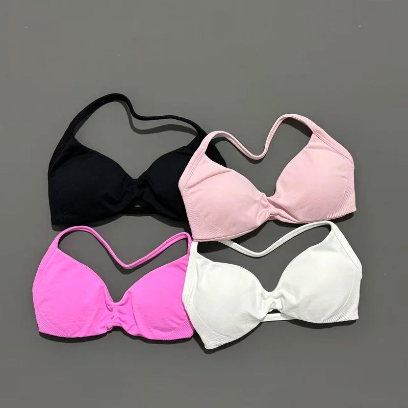 EASYFIT Strappy Bra Gym Top Women High Support Thin Strap Halter Sports Seamless Bras Scrunch Push-up Workout Yoga Tank Tops