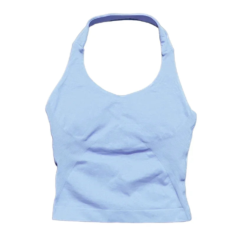 Gym Longline Halter Top Woman Seamless Yoga Tank Removable Chest Pad Push-up Sports Vest Fitness Workout Running Tops