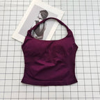 Seamless Halter Top Backless Longline Strappy Padded Sports Top Women Built-in Bra Removable Cups Activewear Yoga Tank Tops