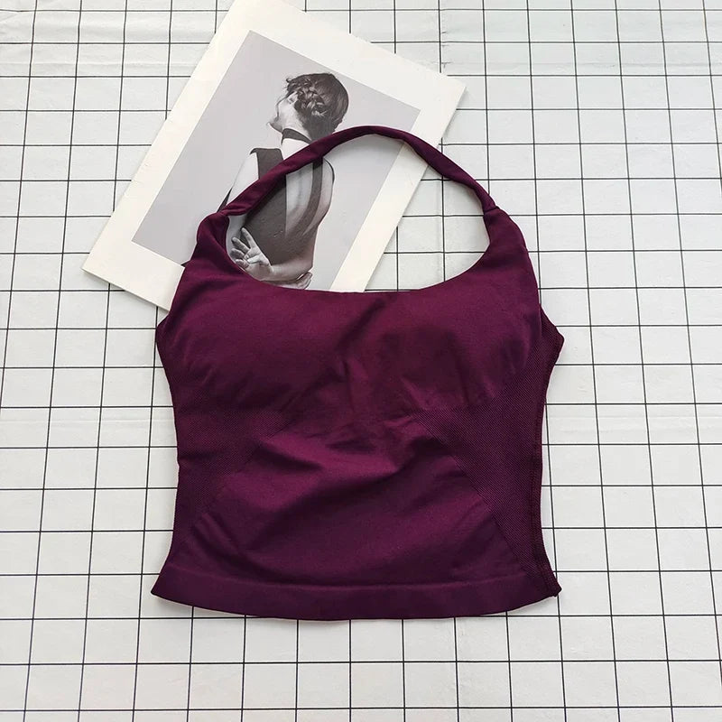 Seamless Halter Top Backless Longline Strappy Padded Sports Top Women Built-in Bra Removable Cups Activewear Yoga Tank Tops