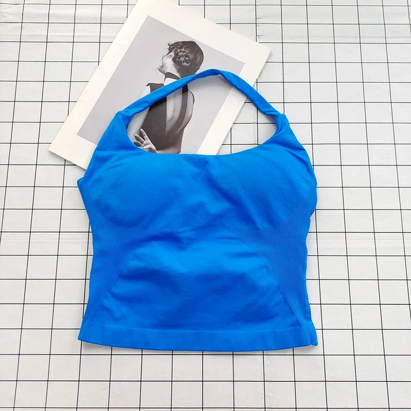 Seamless Halter Top Backless Longline Strappy Padded Sports Top Women Built-in Bra Removable Cups Activewear Yoga Tank Tops