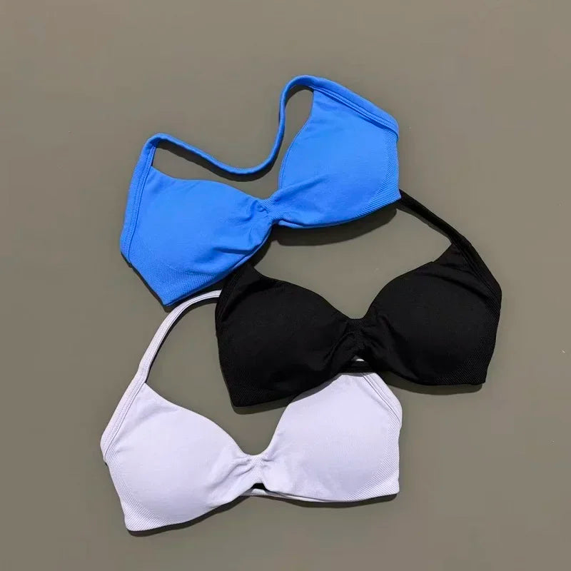 EASYFIT Strappy Bra Gym Top Women High Support Thin Strap Halter Sports Seamless Bras Scrunch Push-up Workout Yoga Tank Tops