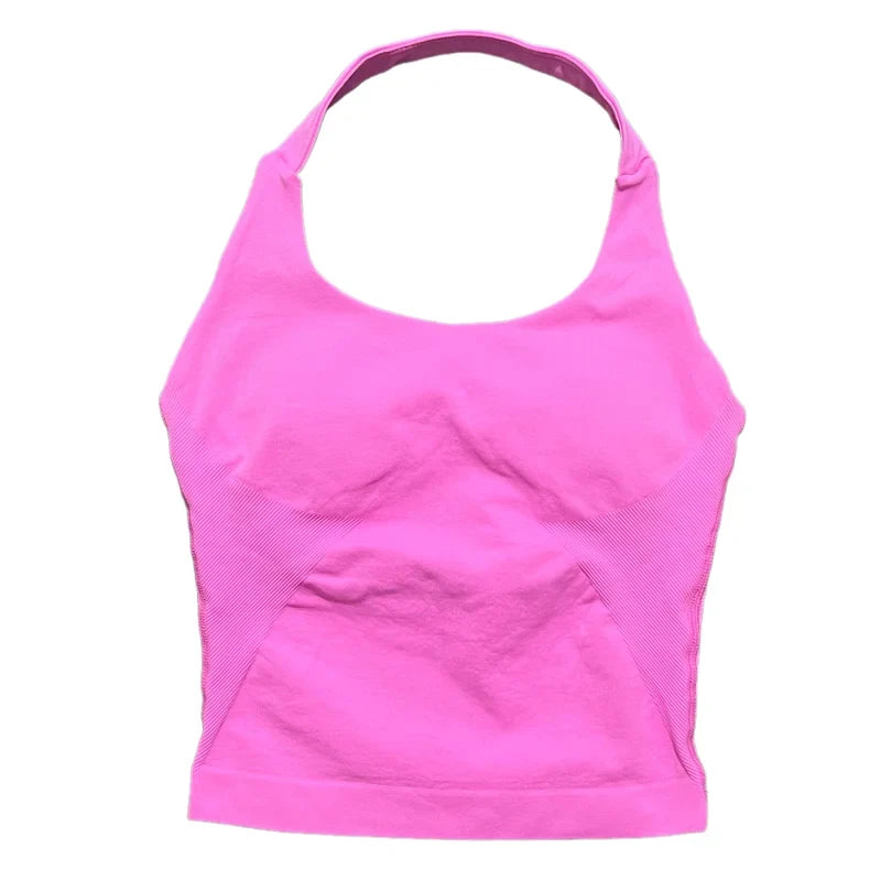 Gym Longline Halter Top Woman Seamless Yoga Tank Removable Chest Pad Push-up Sports Vest Fitness Workout Running Tops