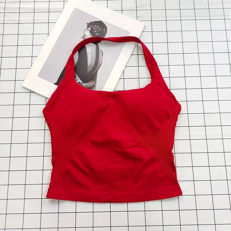 Seamless Halter Top Backless Longline Strappy Padded Sports Top Women Built-in Bra Removable Cups Activewear Yoga Tank Tops