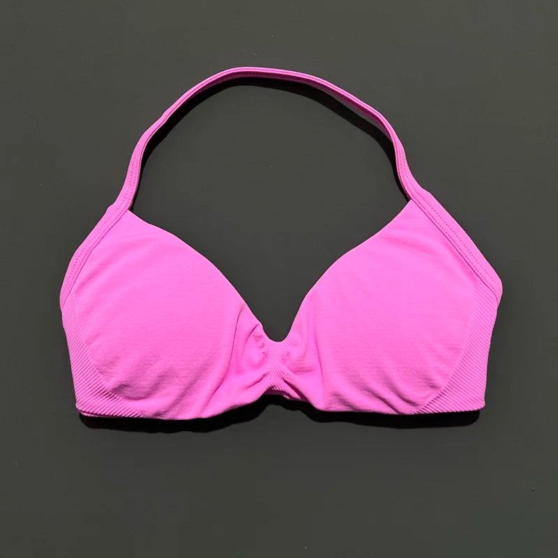 EASYFIT Strappy Bra Gym Top Women High Support Thin Strap Halter Sports Seamless Bras Scrunch Push-up Workout Yoga Tank Tops