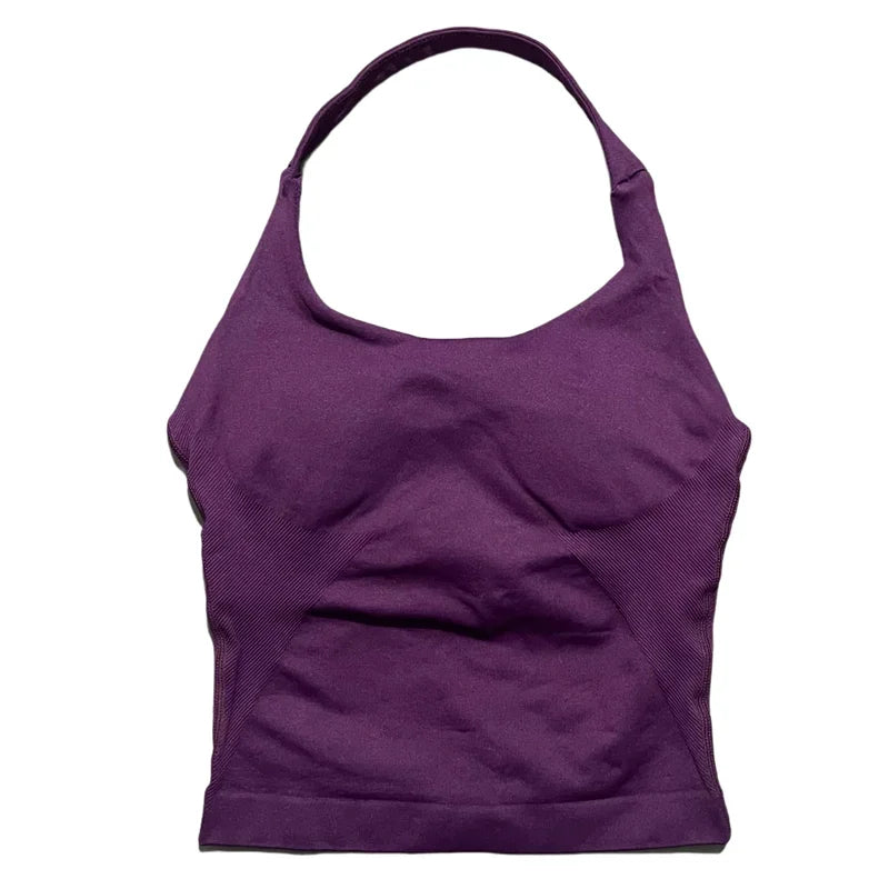 Gym Longline Halter Top Woman Seamless Yoga Tank Removable Chest Pad Push-up Sports Vest Fitness Workout Running Tops
