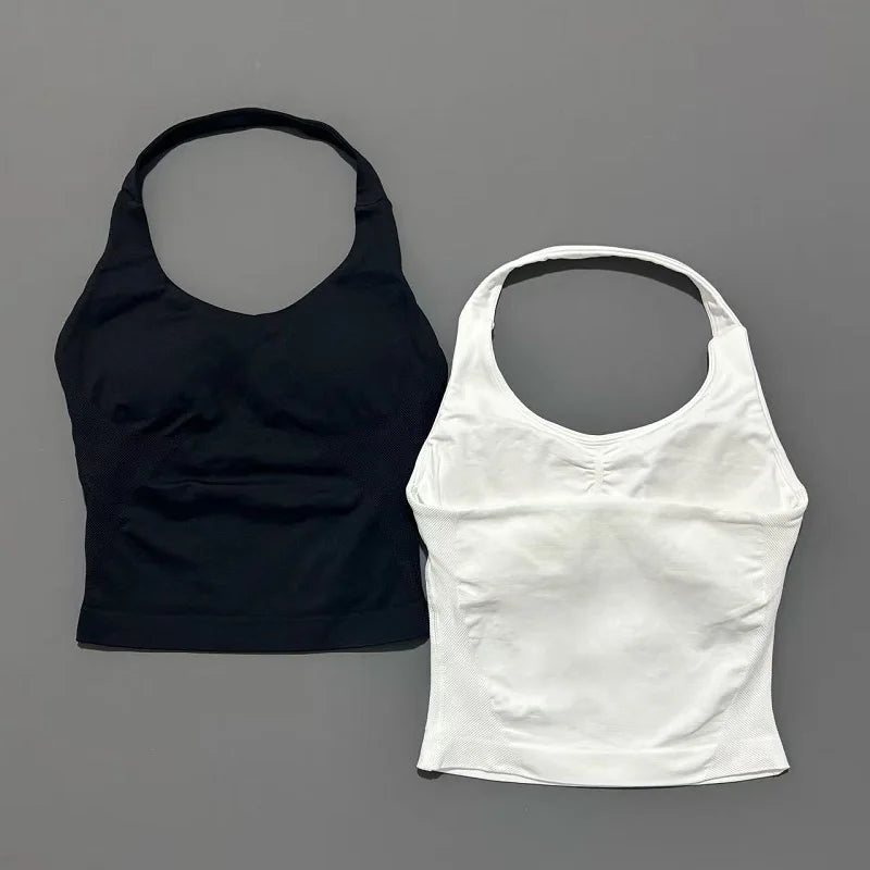 Gym Longline Halter Top Woman Seamless Yoga Tank Removable Chest Pad Push-up Sports Vest Fitness Workout Running Tops
