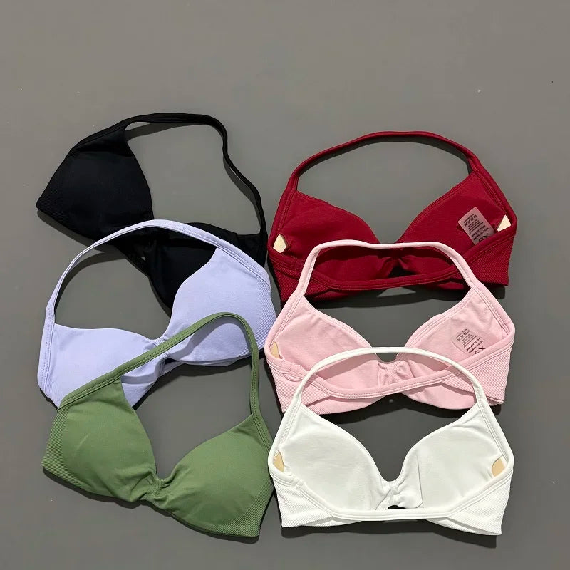EASYFIT Strappy Bra Gym Top Women High Support Thin Strap Halter Sports Seamless Bras Scrunch Push-up Workout Yoga Tank Tops