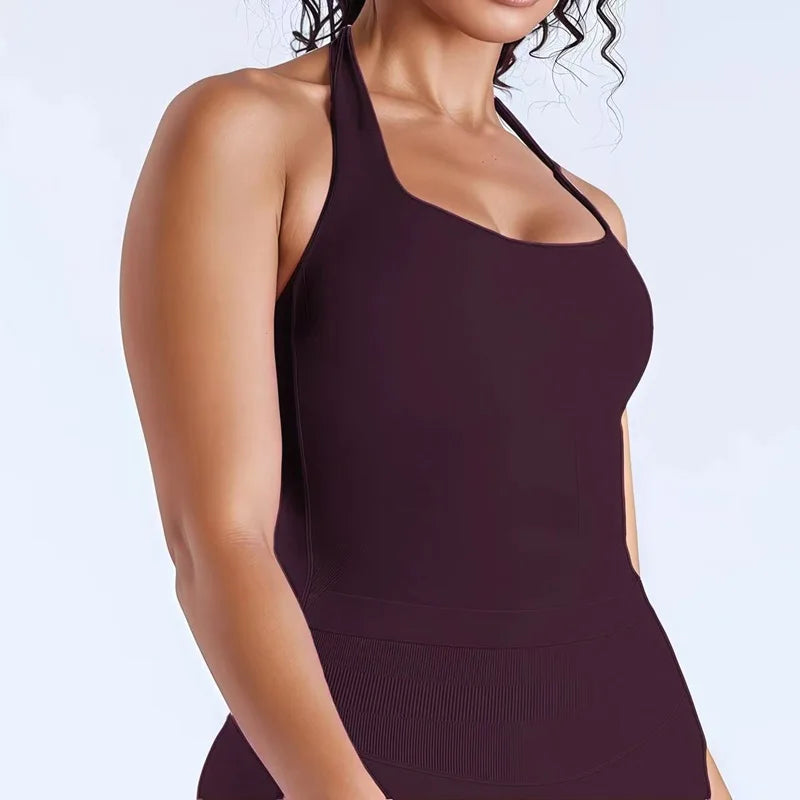 Gym Longline Halter Top Woman Seamless Yoga Tank Removable Chest Pad Push-up Sports Vest Fitness Workout Running Tops