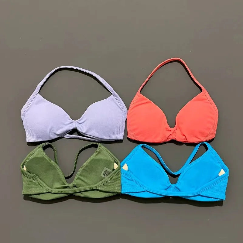 EASYFIT Strappy Bra Gym Top Women High Support Thin Strap Halter Sports Seamless Bras Scrunch Push-up Workout Yoga Tank Tops