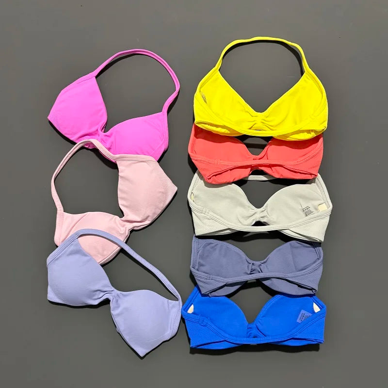 EASYFIT Strappy Bra Gym Top Women High Support Thin Strap Halter Sports Seamless Bras Scrunch Push-up Workout Yoga Tank Tops