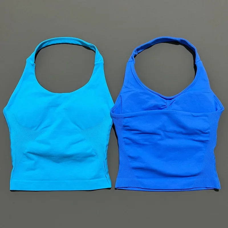 Gym Longline Halter Top Woman Seamless Yoga Tank Removable Chest Pad Push-up Sports Vest Fitness Workout Running Tops