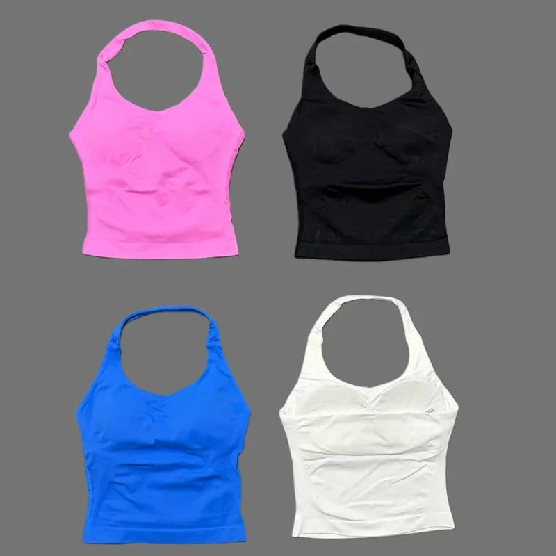 Gym Longline Halter Top Woman Seamless Yoga Tank Removable Chest Pad Push-up Sports Vest Fitness Workout Running Tops
