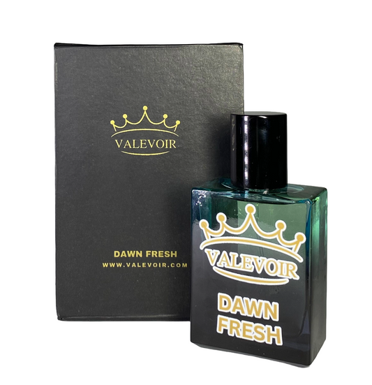 Valevoir Dawn Fresh perfume bottle and packaging on a white background