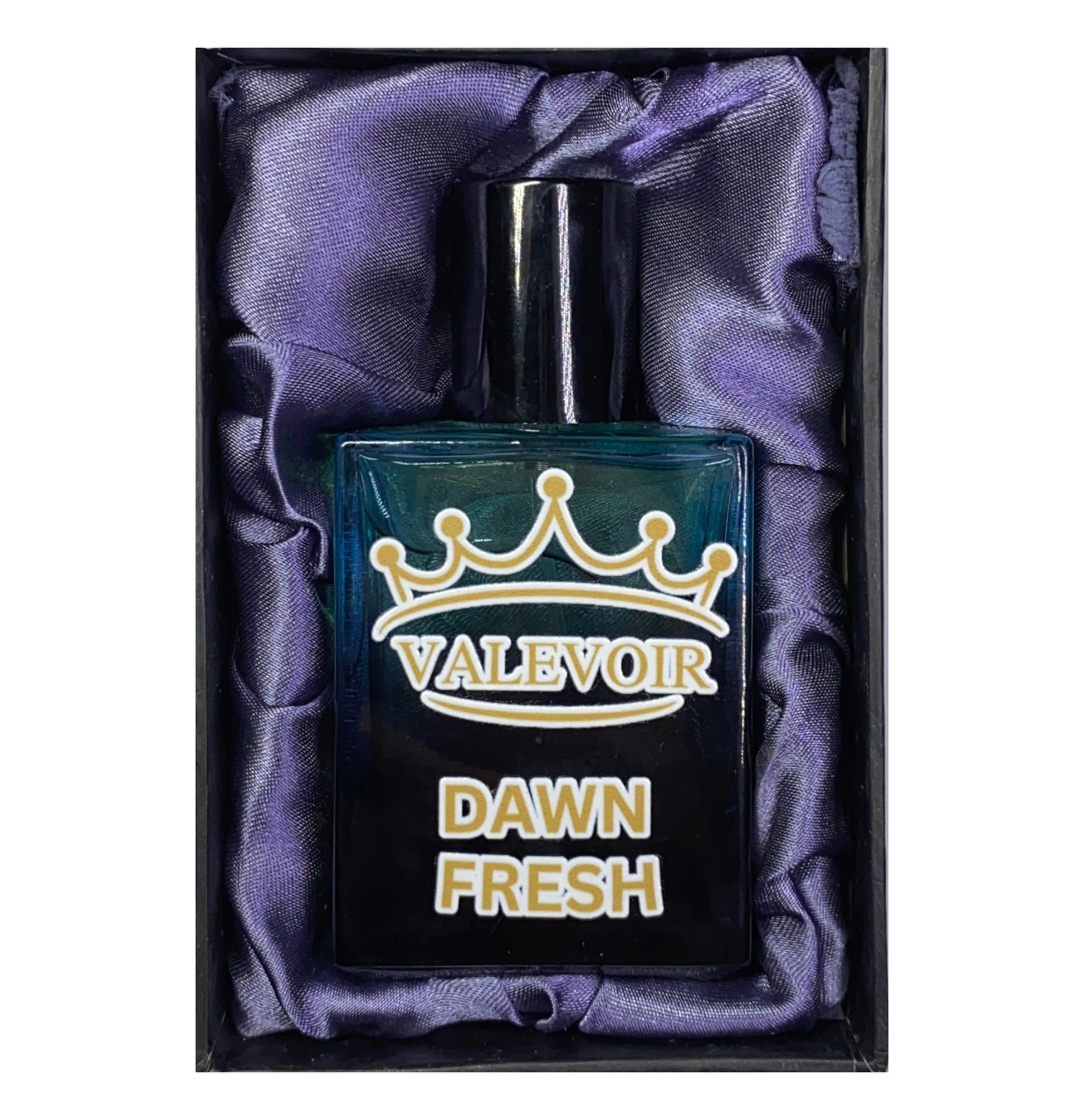 Perfume bottle labeled 'Valevoir Dawn Fresh' on purple fabric