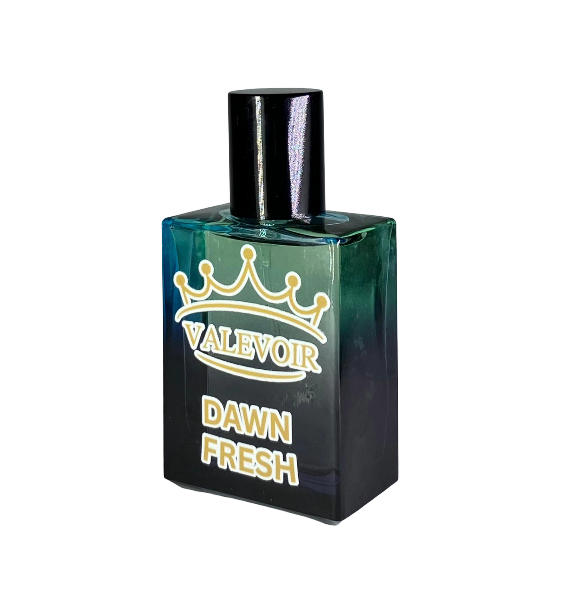 Perfume bottle labeled 'Valevoir Dawn Fresh' on a white background